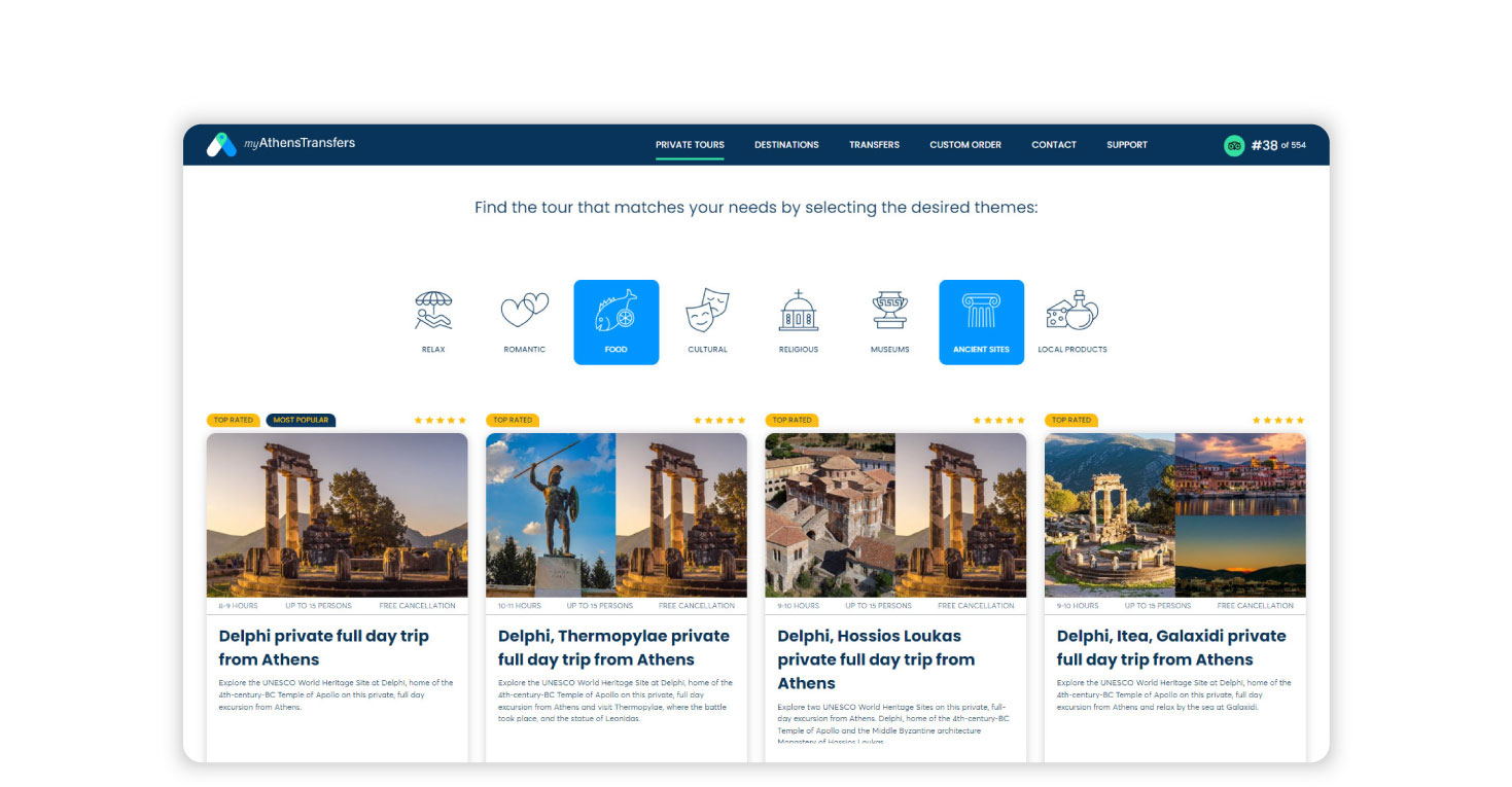 The Private Tours main page with «theme filters» WEB DESIGN AND DEVELOPMENT